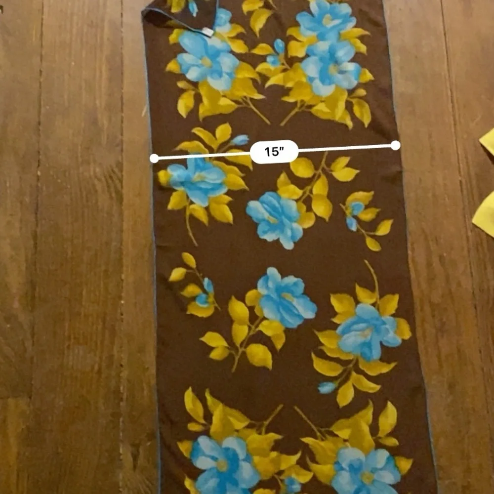 Vibrant Brown Chiffon Scarf Blue and Yellow Floral Hand-Rolled Edges